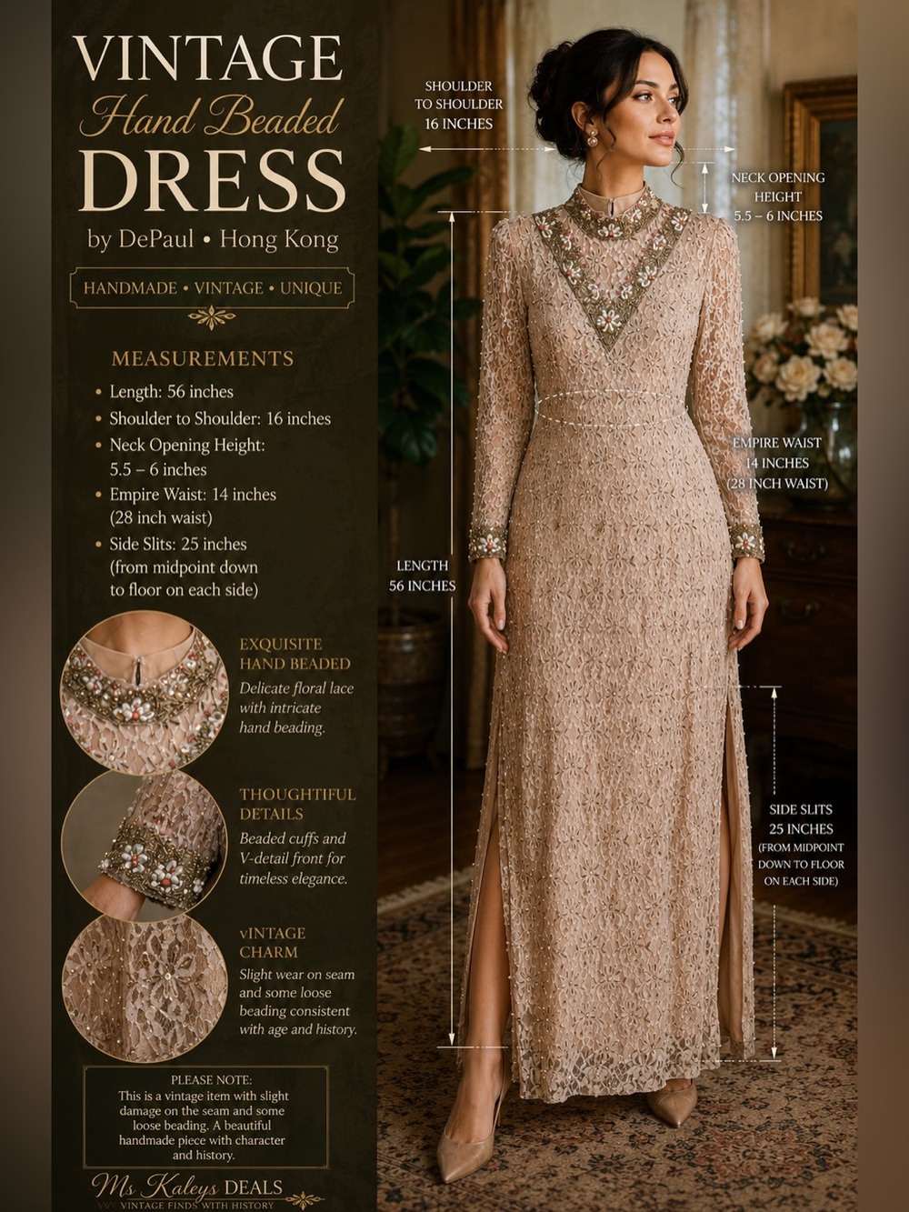 Vintage DePaul Hand-Beaded & Lace Maxi Dress